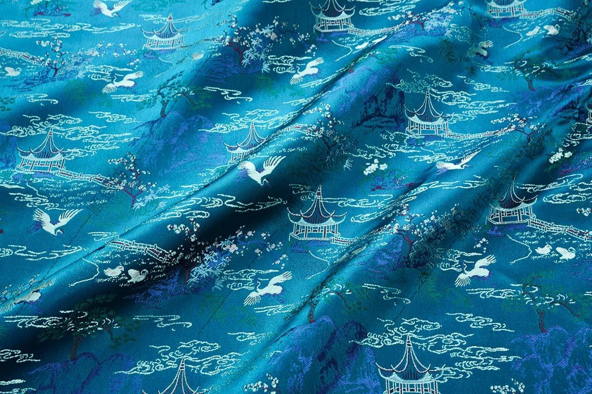 Teal Crane Pavilion Brocade Fabric, Scenic Landscape Jacquard Textile for Qipao, Hanfu, Jackets, Bags, Home Decor and Sewing, 59"