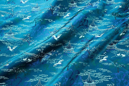 Teal Crane Pavilion Brocade Fabric, Scenic Landscape Jacquard Textile for Qipao, Hanfu, Jackets, Bags, Home Decor and Sewing, 59"