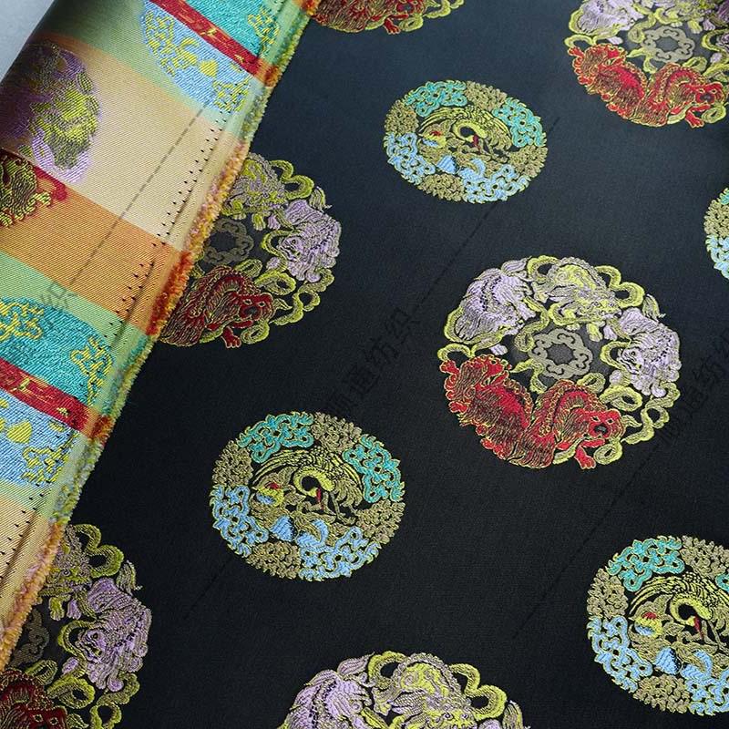 Black Multicolor Animal Medallion Brocade Jacquard Fabric, Ornamental Woven Textile for Qipao, Jackets, Bags, Decor and Sewing, 59"