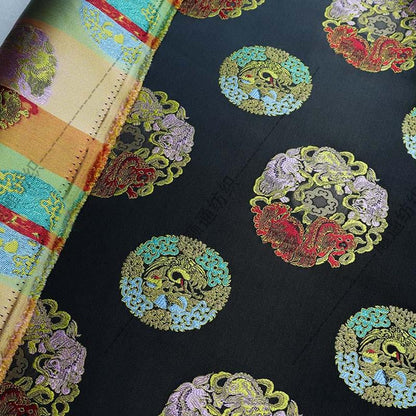 Black Multicolor Animal Medallion Brocade Jacquard Fabric, Ornamental Woven Textile for Qipao, Jackets, Bags, Decor and Sewing, 59"