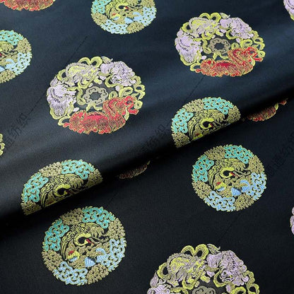 Black Multicolor Animal Medallion Brocade Jacquard Fabric, Ornamental Woven Textile for Qipao, Jackets, Bags, Decor and Sewing, 59"