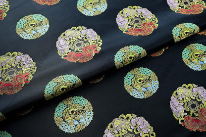 Black Multicolor Animal Medallion Brocade Jacquard Fabric, Ornamental Woven Textile for Qipao, Jackets, Bags, Decor and Sewing, 59"