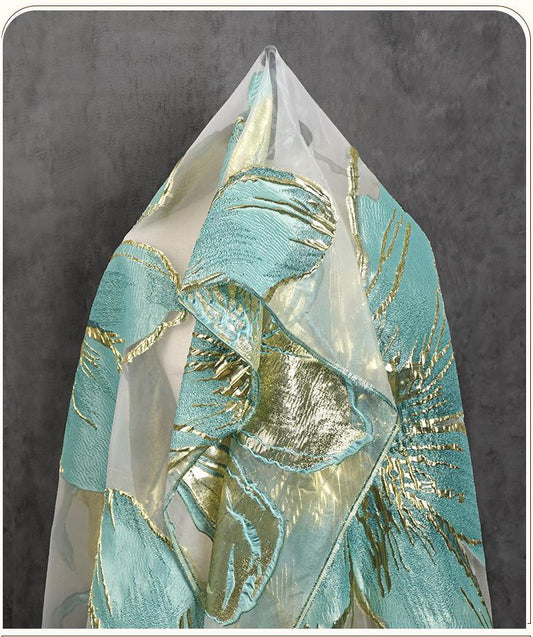 Aqua Gold Metallic Clipped Jacquard Fabric, Sheer Base Oversized Floral Woven Textile for Dresses, Gowns, Jackets and Sewing, 55"