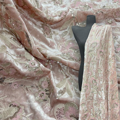 Blush Pink Velvet Floral Embroidered Sequin Fabric, Heavy Embellished Textile for Evening Gowns, Dresses, Costumes and DIY Sewing, 52"Wide
