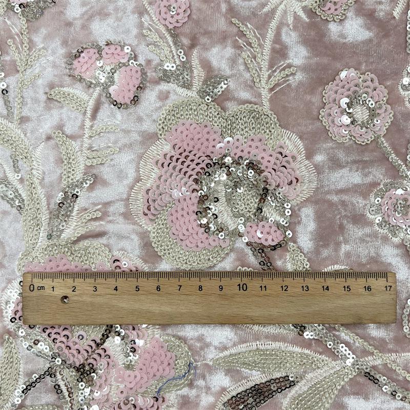 Blush Pink Velvet Floral Embroidered Sequin Fabric, Heavy Embellished Textile for Evening Gowns, Dresses, Costumes and DIY Sewing, 52"Wide