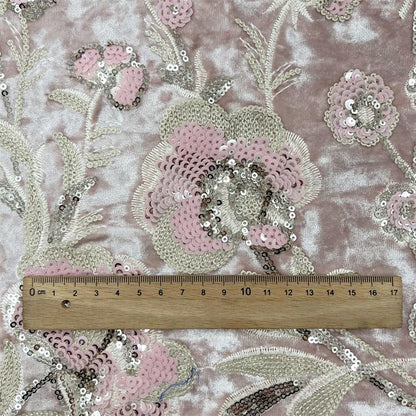 Blush Pink Velvet Floral Embroidered Sequin Fabric, Heavy Embellished Textile for Evening Gowns, Dresses, Costumes and DIY Sewing, 52"Wide