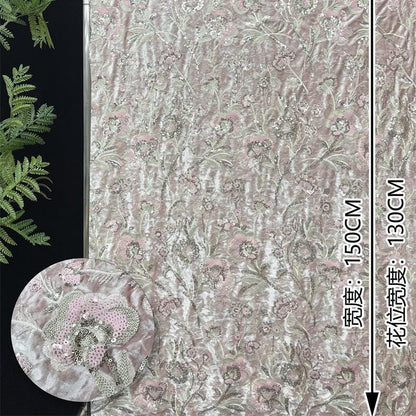 Blush Pink Velvet Floral Embroidered Sequin Fabric, Heavy Embellished Textile for Evening Gowns, Dresses, Costumes and DIY Sewing, 52"Wide