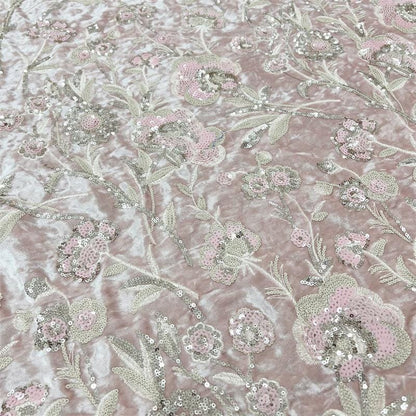 Blush Pink Velvet Floral Embroidered Sequin Fabric, Heavy Embellished Textile for Evening Gowns, Dresses, Costumes and DIY Sewing, 52"Wide