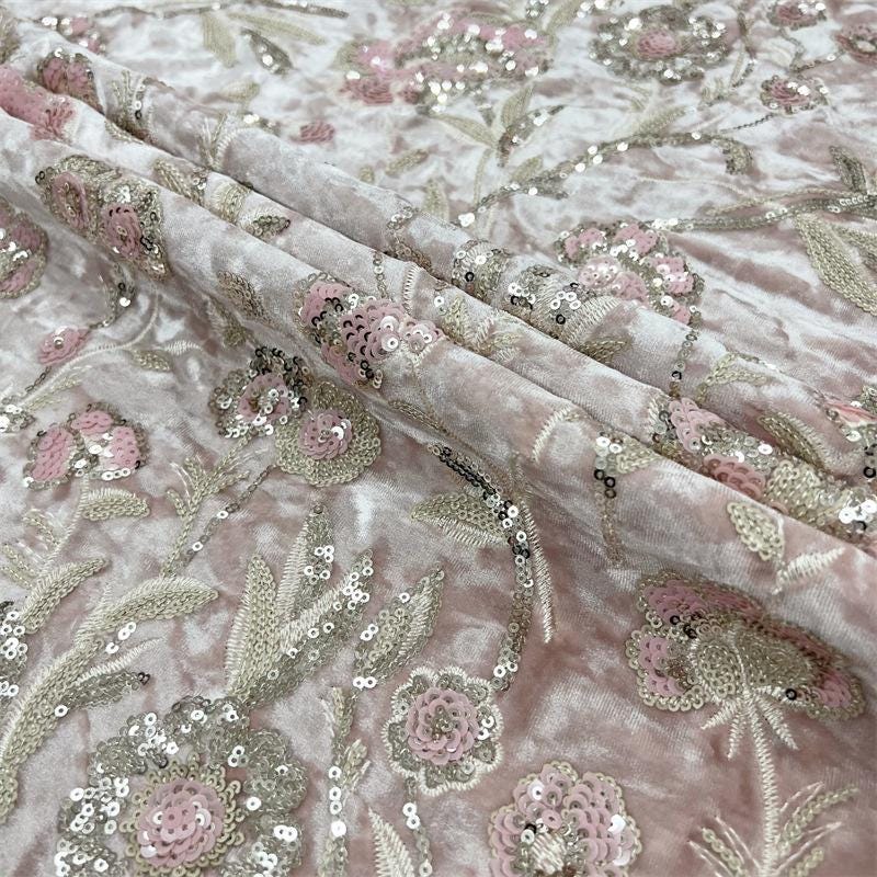 Blush Pink Velvet Floral Embroidered Sequin Fabric, Heavy Embellished Textile for Evening Gowns, Dresses, Costumes and DIY Sewing, 52"Wide