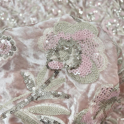 Blush Pink Velvet Floral Embroidered Sequin Fabric, Heavy Embellished Textile for Evening Gowns, Dresses, Costumes and DIY Sewing, 52"Wide