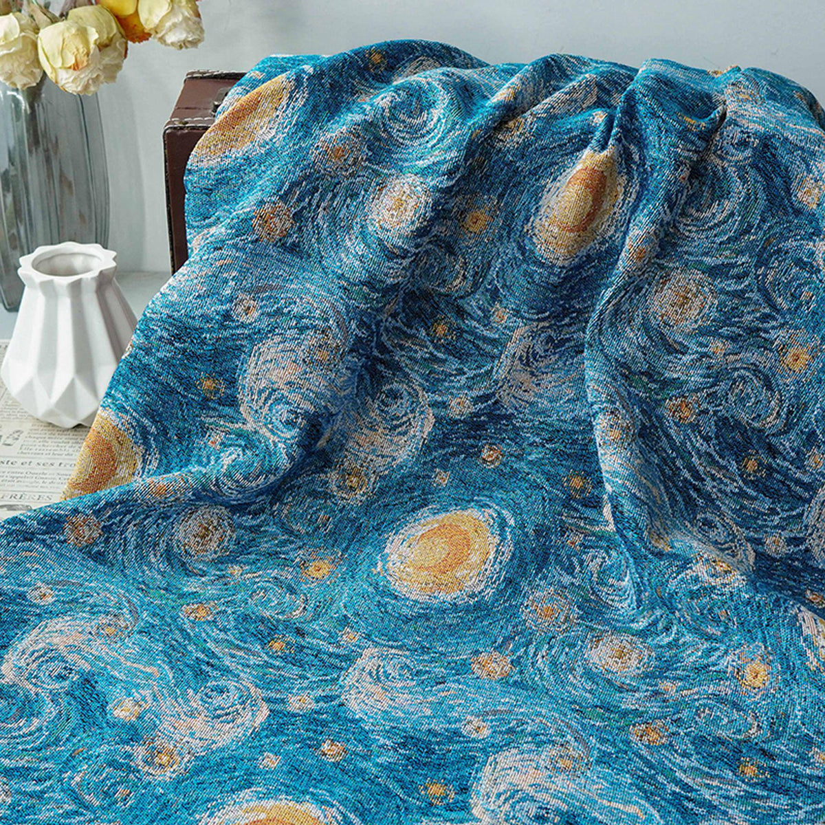 Blue Swirling Night Sky Jacquard Fabric, Textured Yarn-Dyed Woven Upholstery Textile for Cushions, Furniture, Bags and Home Decor, 58"Wide