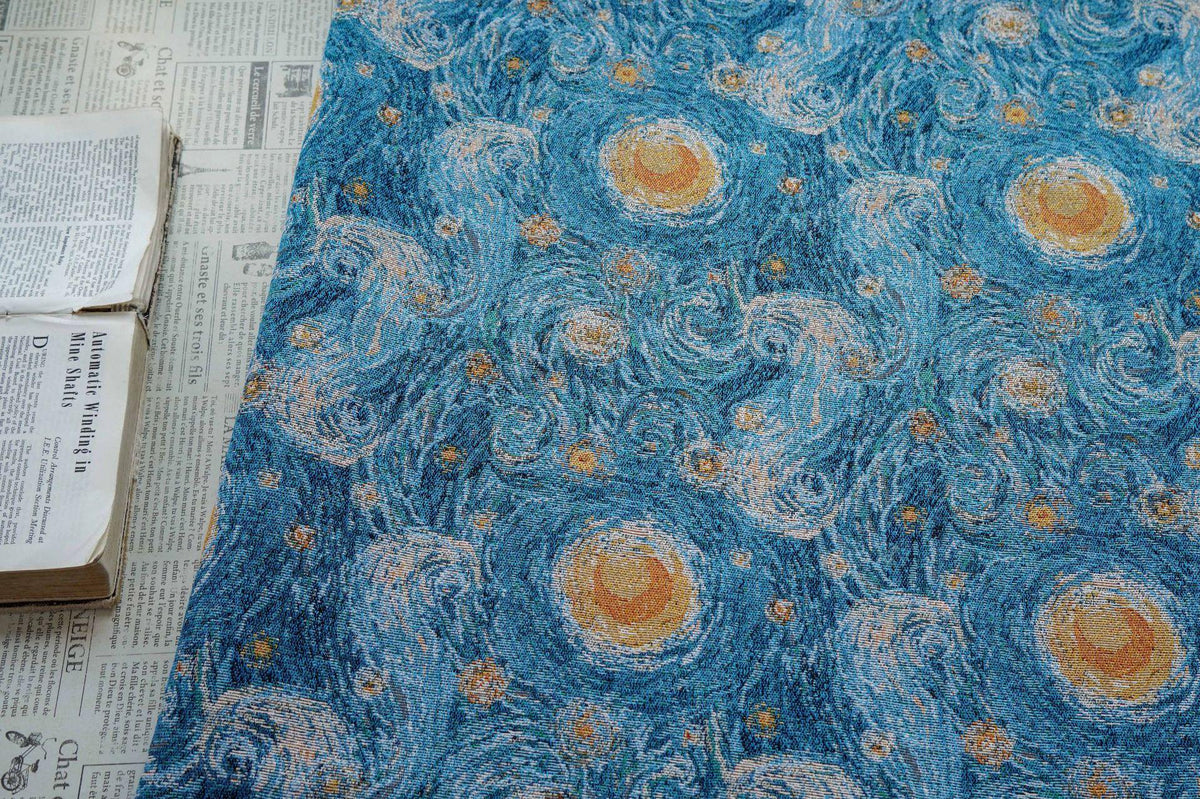 Blue Swirling Night Sky Jacquard Fabric, Textured Yarn-Dyed Woven Upholstery Textile for Cushions, Furniture, Bags and Home Decor, 58"Wide