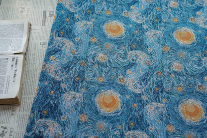 Blue Swirling Night Sky Jacquard Fabric, Textured Yarn-Dyed Woven Upholstery Textile for Cushions, Furniture, Bags and Home Decor, 58"Wide