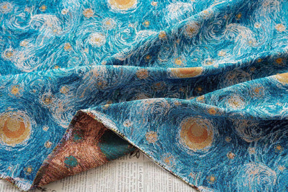Blue Swirling Night Sky Jacquard Fabric, Textured Yarn-Dyed Woven Upholstery Textile for Cushions, Furniture, Bags and Home Decor, 58"Wide