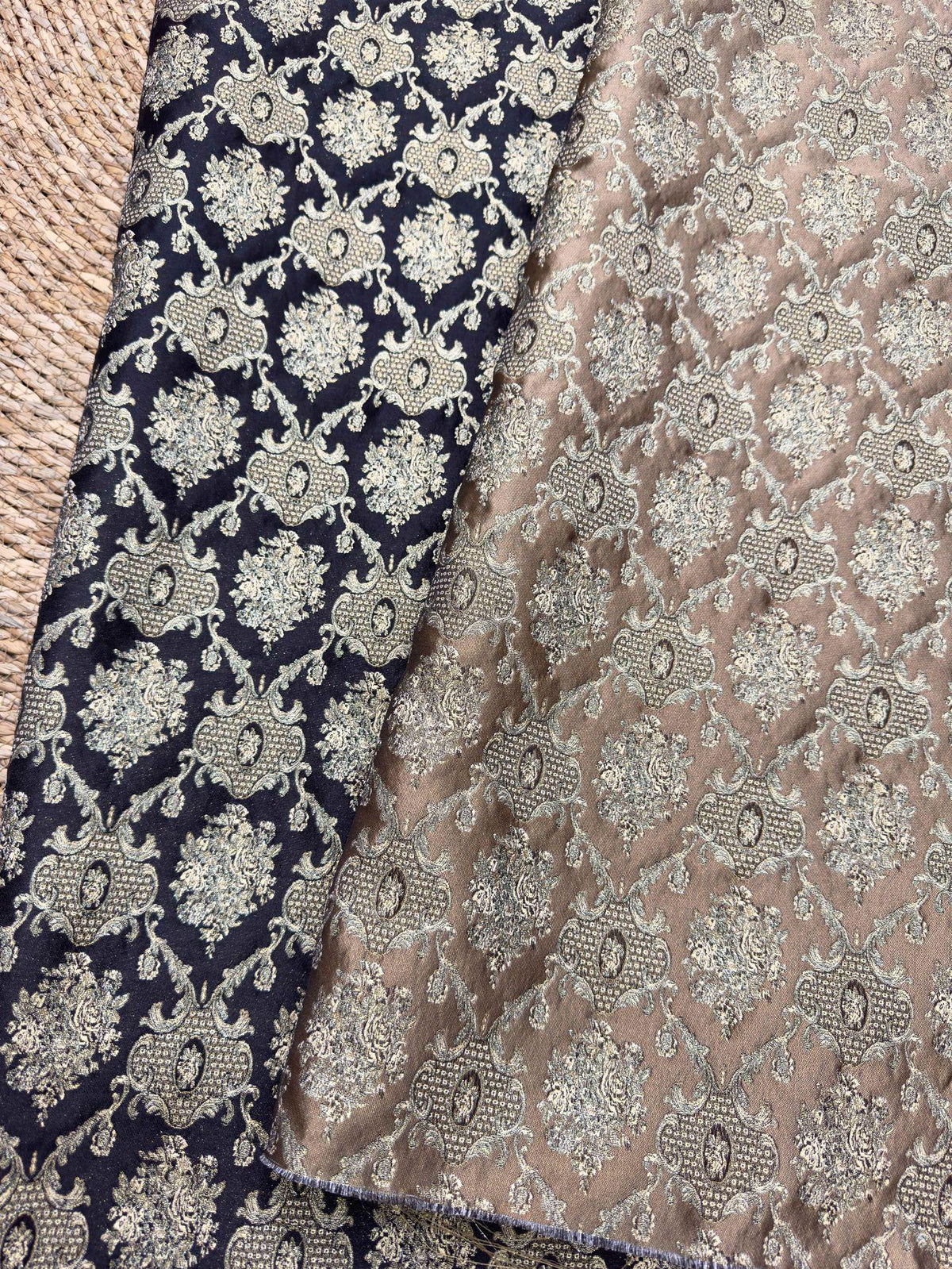 Rose Scroll Gold Thread Jacquard Fabric, Ornamental Floral Woven Textile, 2 Colors for Dresses, Jackets, Bags, Decor and Sewing