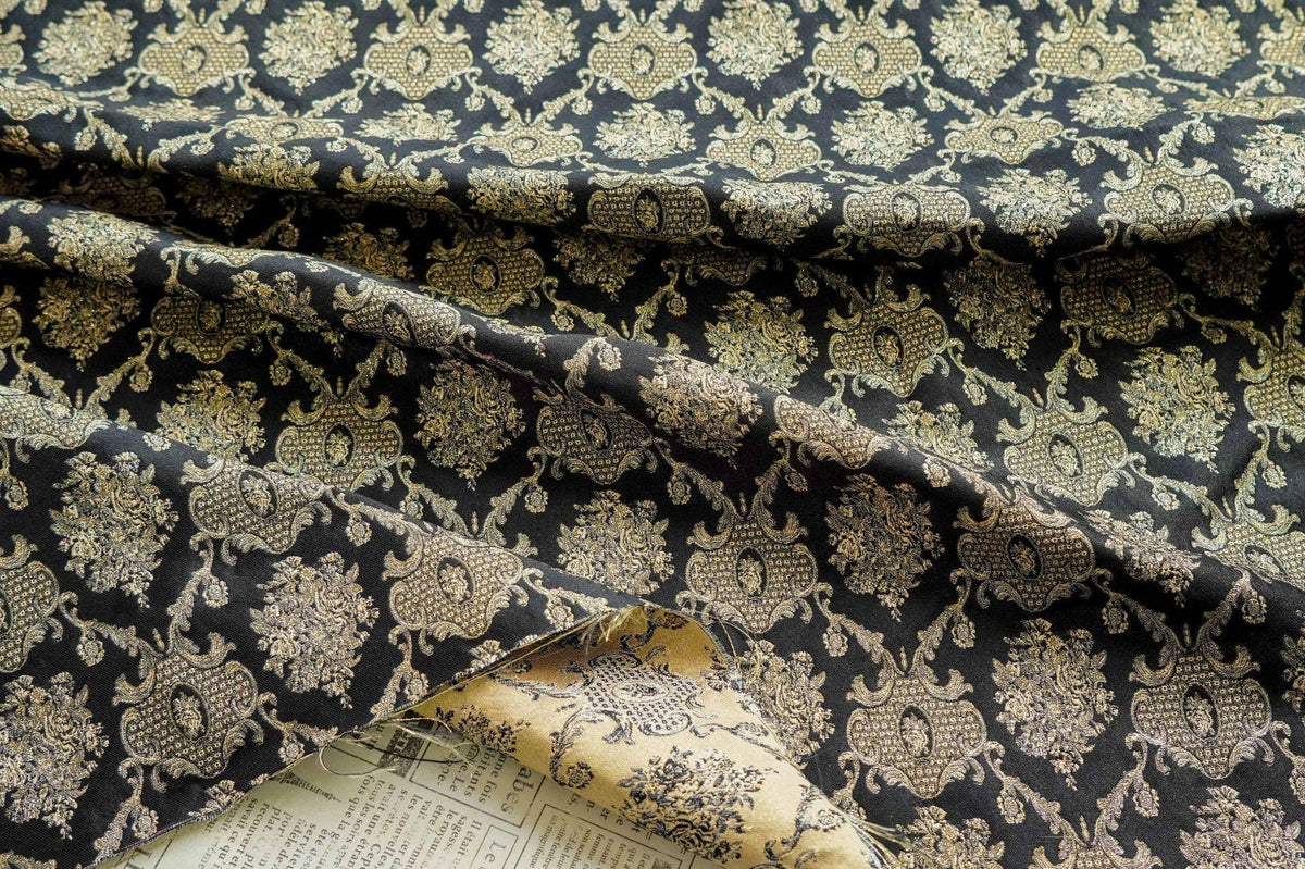 Rose Scroll Gold Thread Jacquard Fabric, Ornamental Floral Woven Textile, 2 Colors for Dresses, Jackets, Bags, Decor and Sewing
