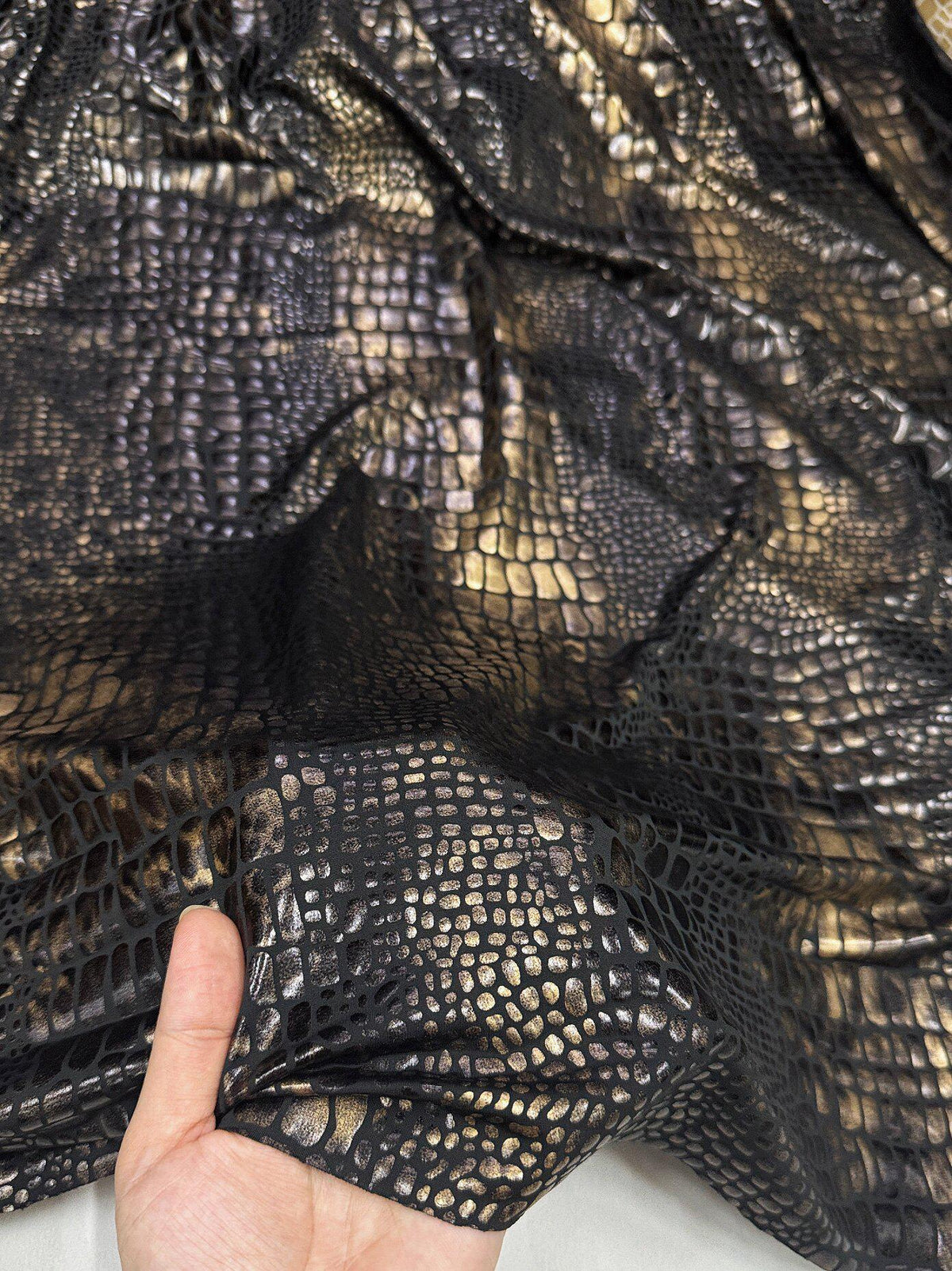 Black Gold Metallic Snake Print Stretch Fabric, High Stretch Foil-Coated Textile for Bodysuits, Leggings, Dancewear and Costumes, 57"Wide