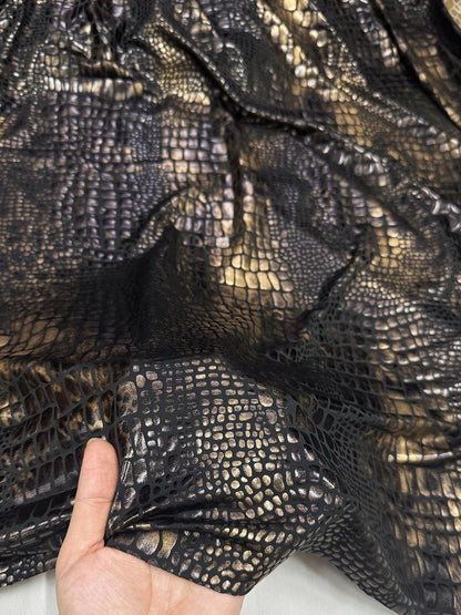 Black Gold Metallic Snake Print Stretch Fabric, High Stretch Foil-Coated Textile for Bodysuits, Leggings, Dancewear and Costumes, 57"Wide