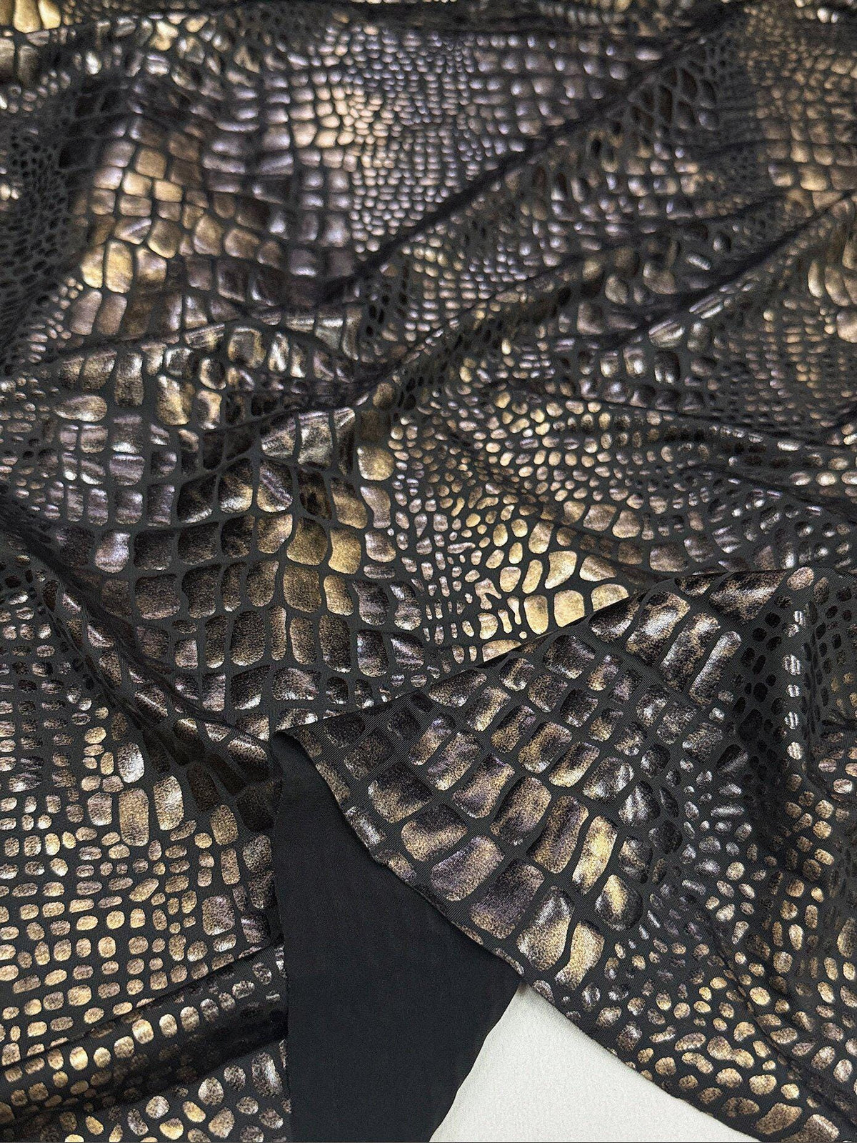 Black Gold Metallic Snake Print Stretch Fabric, High Stretch Foil-Coated Textile for Bodysuits, Leggings, Dancewear and Costumes, 57"Wide