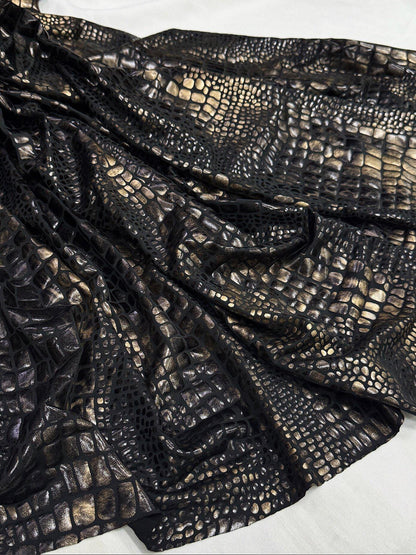 Black Gold Metallic Snake Print Stretch Fabric, High Stretch Foil-Coated Textile for Bodysuits, Leggings, Dancewear and Costumes, 57"Wide