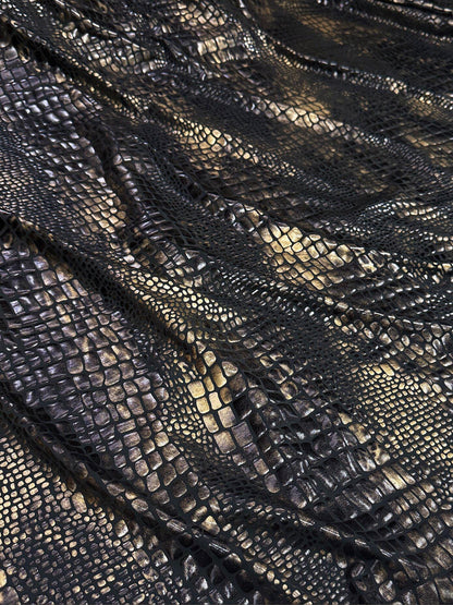 Black Gold Metallic Snake Print Stretch Fabric, High Stretch Foil-Coated Textile for Bodysuits, Leggings, Dancewear and Costumes, 57"Wide