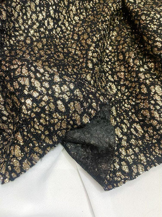 Black Gold Lace Jacquard Fabric, Double Layer Structured Shimmer Textile, No Stretch Dress Material for Gowns, Qipao & Formal Wear, 57"W - Poppylollipop