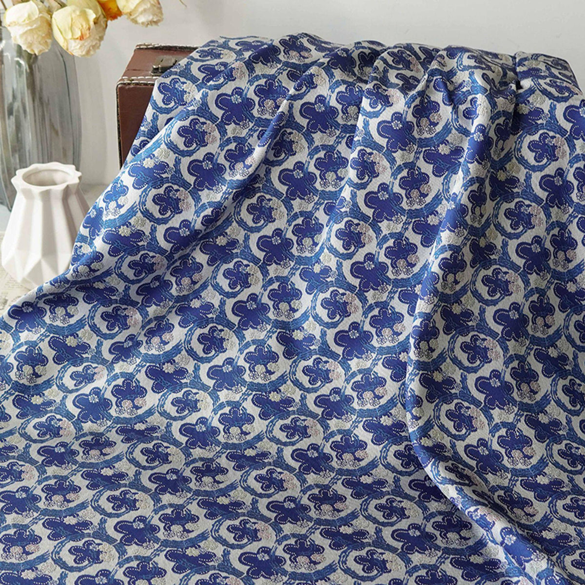 Blue & White Scroll Floral Yarn-Dyed Fabric, Ornamental Woven Textile for Dresses, Jackets, Qipao, Bags, Decor and Sewing, 59" Wide