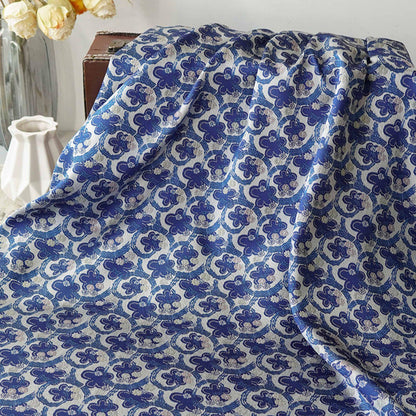 Blue & White Scroll Floral Yarn-Dyed Fabric, Ornamental Woven Textile for Dresses, Jackets, Qipao, Bags, Decor and Sewing, 59" Wide