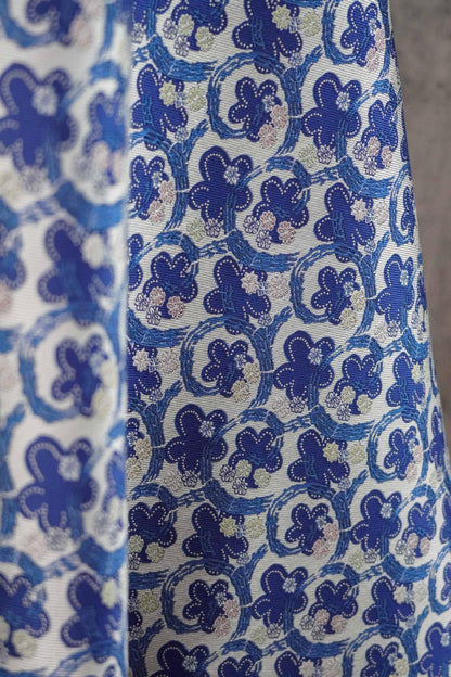 Blue & White Scroll Floral Yarn-Dyed Fabric, Ornamental Woven Textile for Dresses, Jackets, Qipao, Bags, Decor and Sewing, 59" Wide