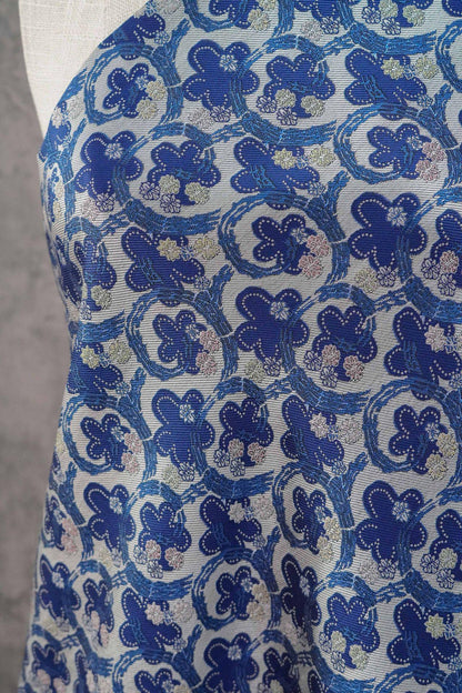 Blue & White Scroll Floral Yarn-Dyed Fabric, Ornamental Woven Textile for Dresses, Jackets, Qipao, Bags, Decor and Sewing, 59" Wide