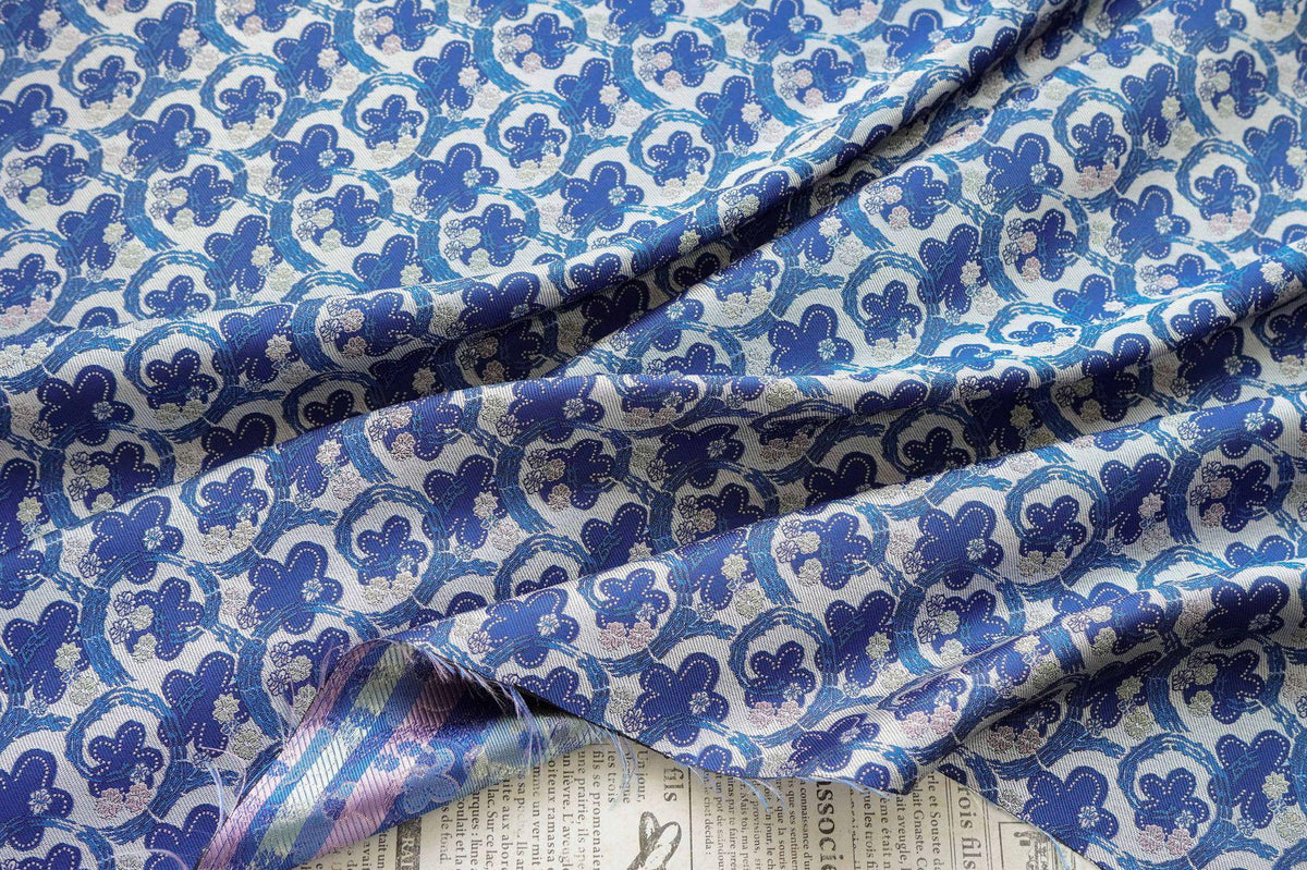 Blue & White Scroll Floral Yarn-Dyed Fabric, Ornamental Woven Textile for Dresses, Jackets, Qipao, Bags, Decor and Sewing, 59" Wide