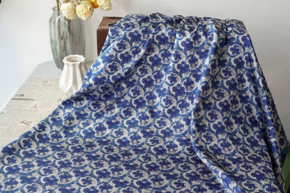 Blue & White Scroll Floral Yarn-Dyed Fabric, Ornamental Woven Textile for Dresses, Jackets, Qipao, Bags, Decor and Sewing, 59" Wide