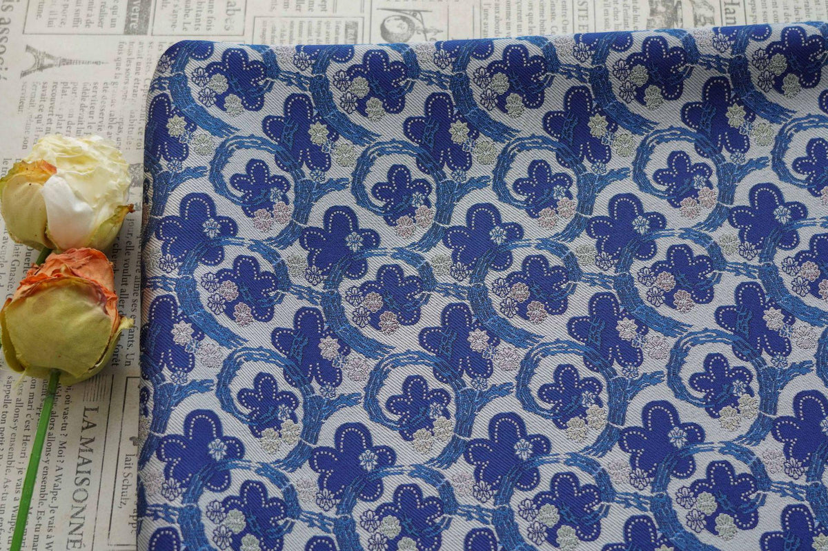 Blue & White Scroll Floral Yarn-Dyed Fabric, Ornamental Woven Textile for Dresses, Jackets, Qipao, Bags, Decor and Sewing, 59" Wide