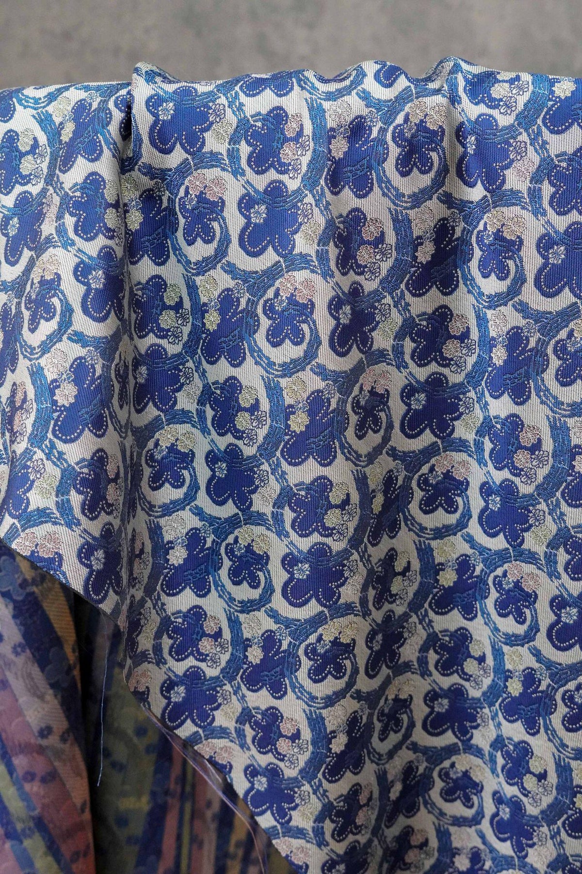 Blue & White Scroll Floral Yarn-Dyed Fabric, Ornamental Woven Textile for Dresses, Jackets, Qipao, Bags, Decor and Sewing, 59" Wide