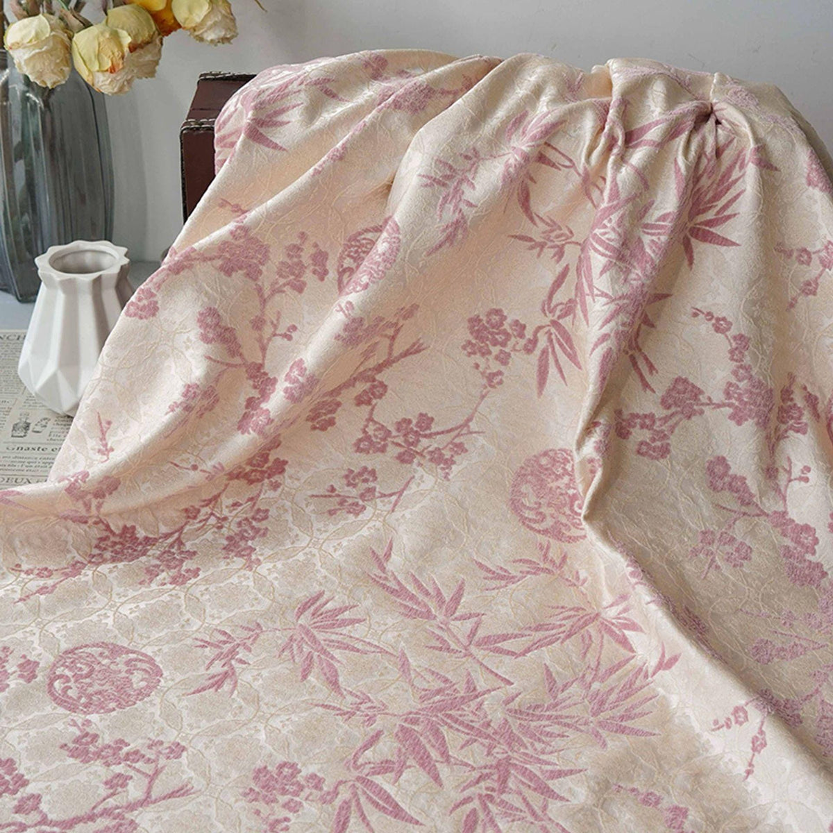 Thick Chenille Jacquard Fabric, Plum Blossom Bamboo Dragon Medallion Upholstery Textile for Curtains, Cushions, Furniture Decor, 4 Colors