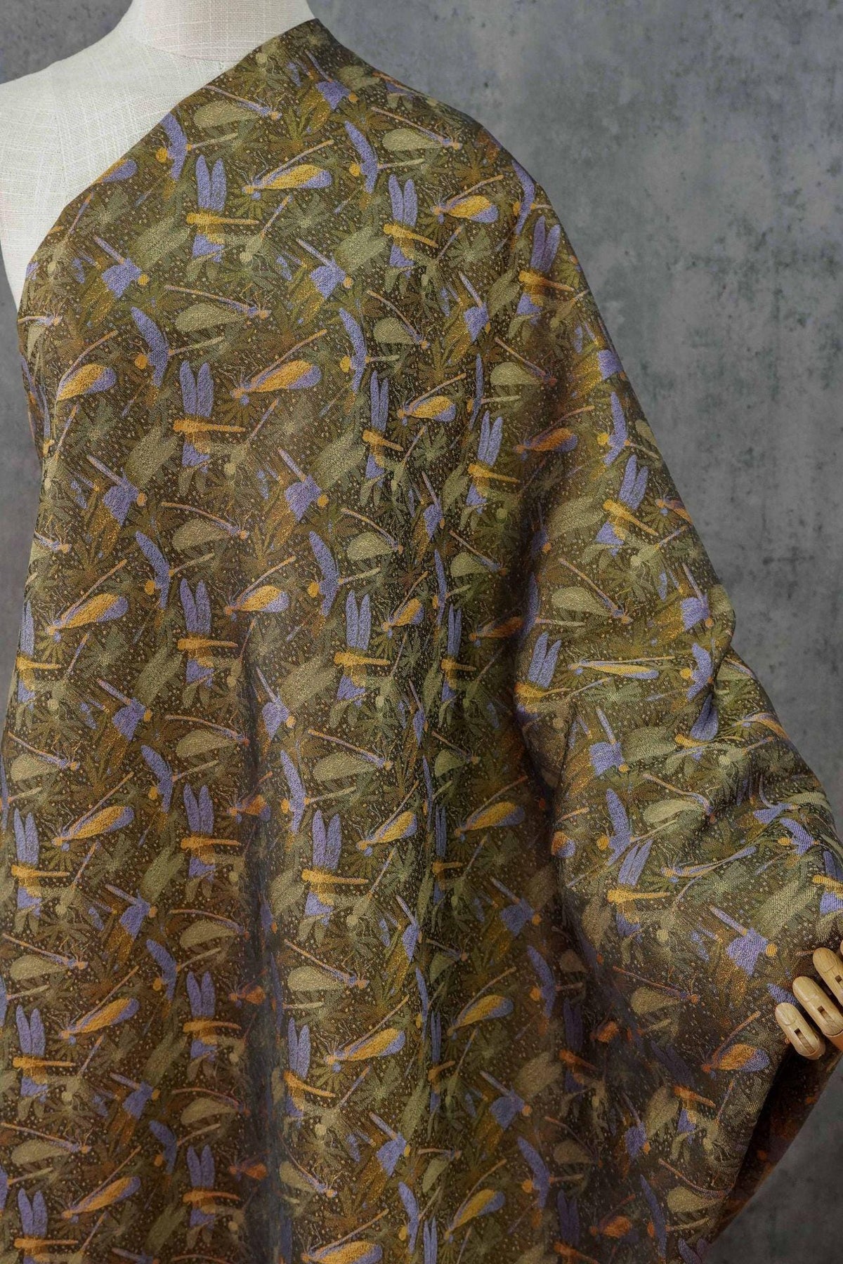 Olive Green Dragonfly & Lotus Song Brocade Fabric, Yarn-Dyed Jacquard Textile for Qipao, Jackets, Bags, Decor and Sewing, 59" Wide