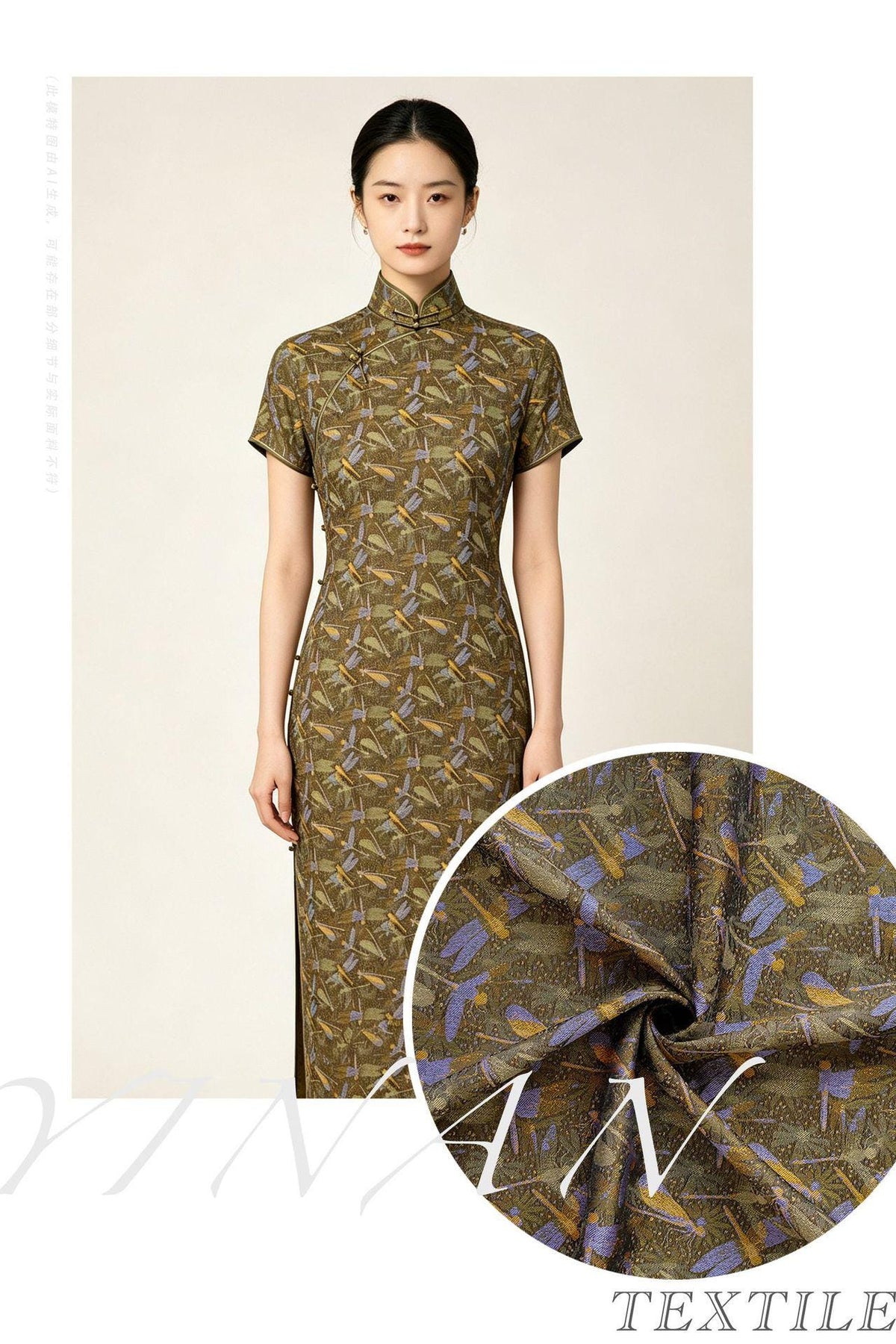 Olive Green Dragonfly & Lotus Song Brocade Fabric, Yarn-Dyed Jacquard Textile for Qipao, Jackets, Bags, Decor and Sewing, 59" Wide