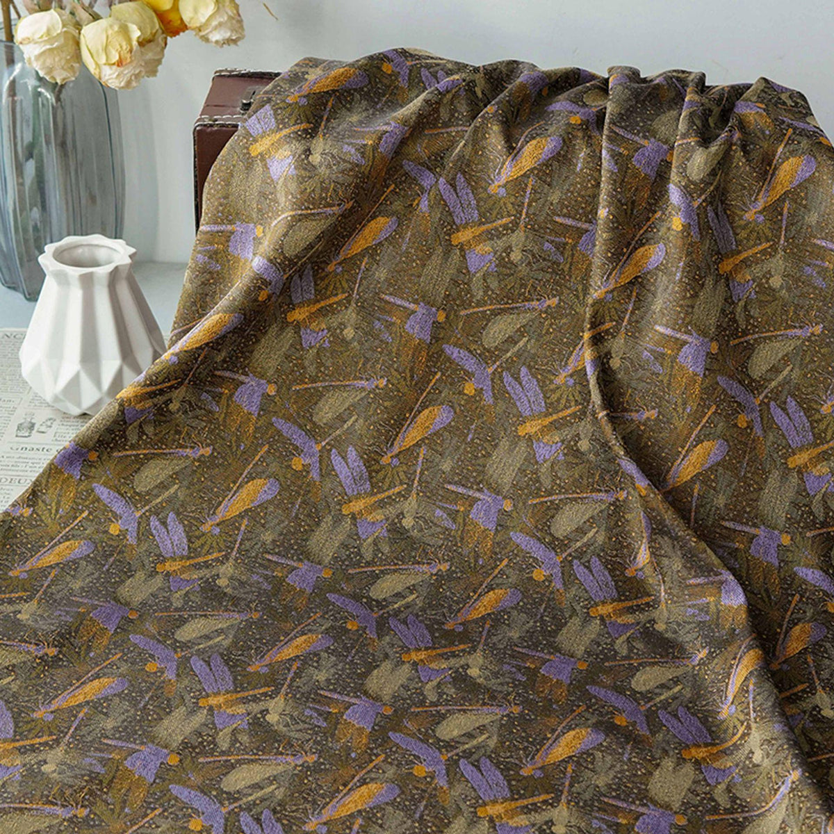 Olive Green Dragonfly & Lotus Song Brocade Fabric, Yarn-Dyed Jacquard Textile for Qipao, Jackets, Bags, Decor and Sewing, 59" Wide