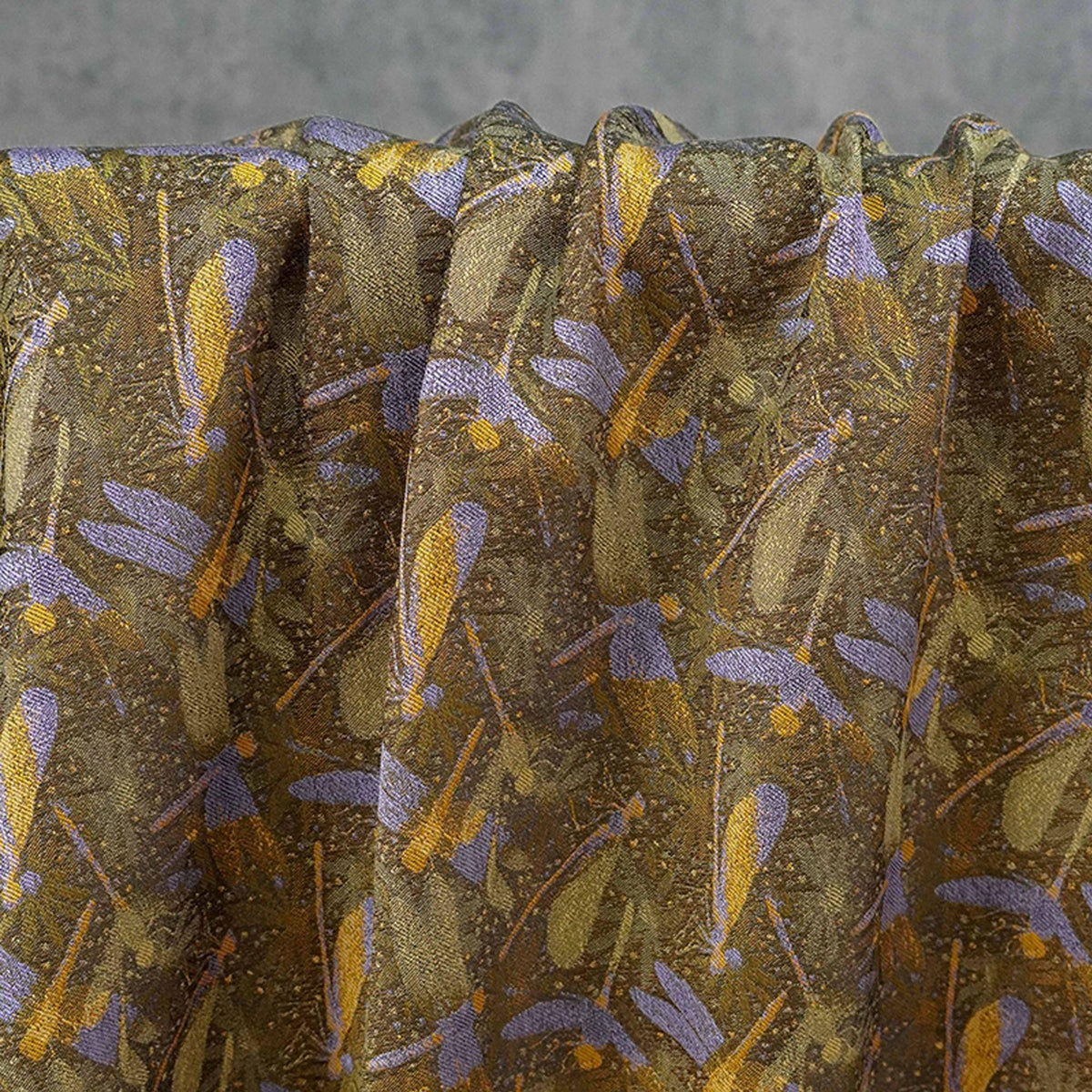 Olive Green Dragonfly & Lotus Song Brocade Fabric, Yarn-Dyed Jacquard Textile for Qipao, Jackets, Bags, Decor and Sewing, 59" Wide
