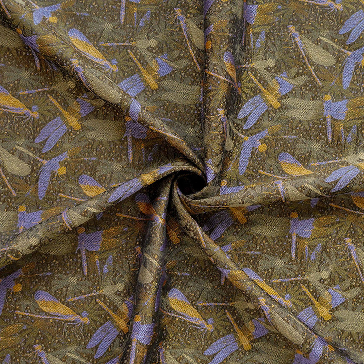 Olive Green Dragonfly & Lotus Song Brocade Fabric, Yarn-Dyed Jacquard Textile for Qipao, Jackets, Bags, Decor and Sewing, 59" Wide