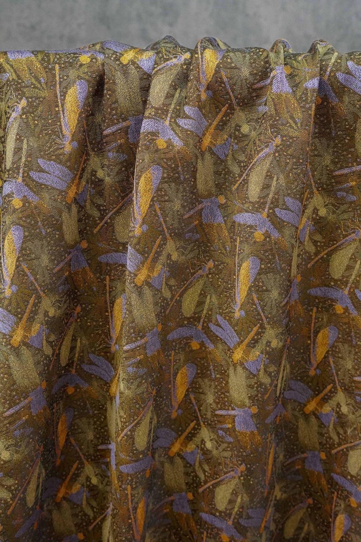 Olive Green Dragonfly & Lotus Song Brocade Fabric, Yarn-Dyed Jacquard Textile for Qipao, Jackets, Bags, Decor and Sewing, 59" Wide