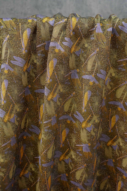 Olive Green Dragonfly & Lotus Song Brocade Fabric, Yarn-Dyed Jacquard Textile for Qipao, Jackets, Bags, Decor and Sewing, 59" Wide