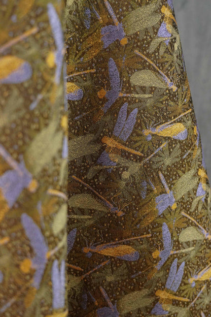 Olive Green Dragonfly & Lotus Song Brocade Fabric, Yarn-Dyed Jacquard Textile for Qipao, Jackets, Bags, Decor and Sewing, 59" Wide