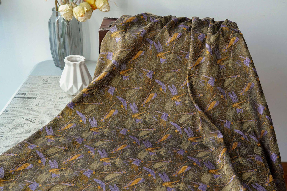 Olive Green Dragonfly & Lotus Song Brocade Fabric, Yarn-Dyed Jacquard Textile for Qipao, Jackets, Bags, Decor and Sewing, 59" Wide