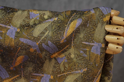 Olive Green Dragonfly & Lotus Song Brocade Fabric, Yarn-Dyed Jacquard Textile for Qipao, Jackets, Bags, Decor and Sewing, 59" Wide