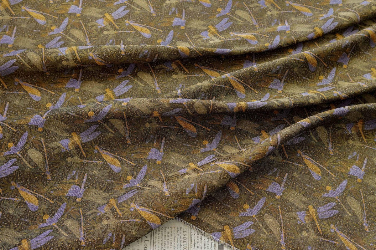 Olive Green Dragonfly & Lotus Song Brocade Fabric, Yarn-Dyed Jacquard Textile for Qipao, Jackets, Bags, Decor and Sewing, 59" Wide