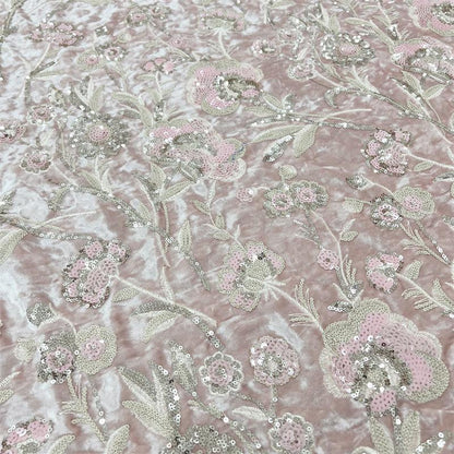 Blush Pink Velvet Floral Embroidered Sequin Fabric, Heavy Embellished Textile for Evening Gowns, Dresses, Costumes and DIY Sewing, 52"Wide