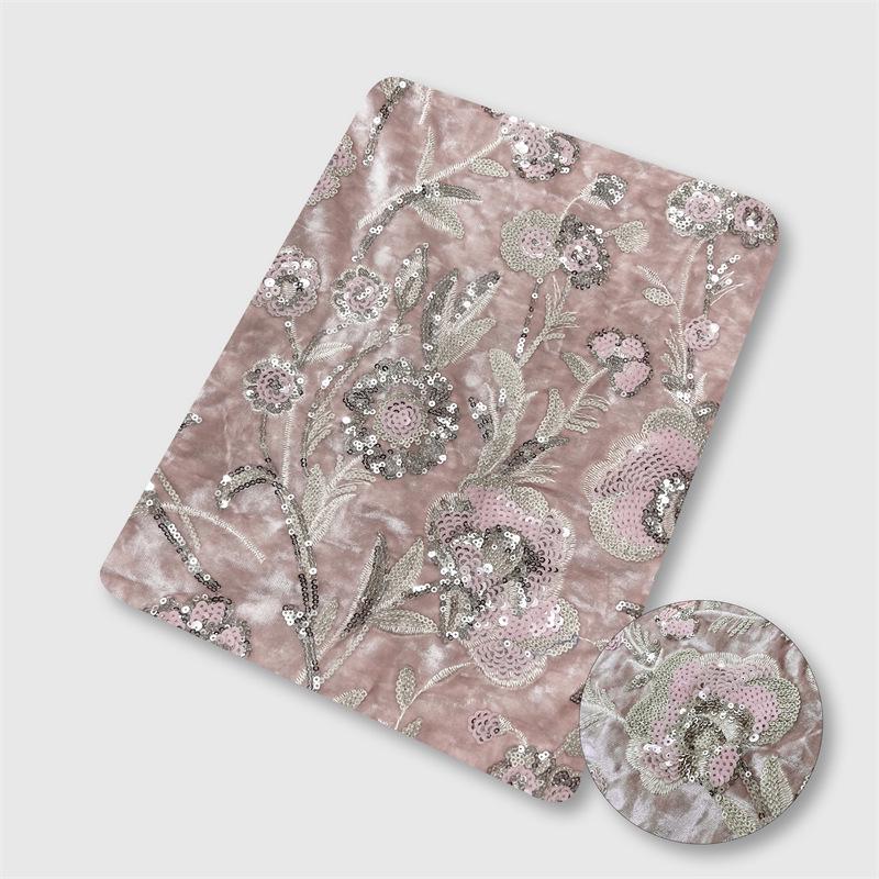 Blush Pink Velvet Floral Embroidered Sequin Fabric, Heavy Embellished Textile for Evening Gowns, Dresses, Costumes and DIY Sewing, 52"Wide