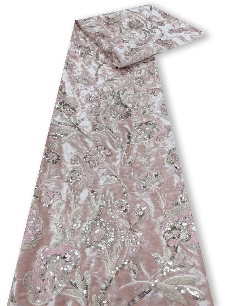 Blush Pink Velvet Floral Embroidered Sequin Fabric, Heavy Embellished Textile for Evening Gowns, Dresses, Costumes and DIY Sewing, 52"Wide