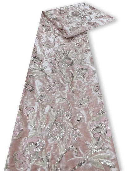 Blush Pink Velvet Floral Embroidered Sequin Fabric, Heavy Embellished Textile for Evening Gowns, Dresses, Costumes and DIY Sewing, 52"Wide